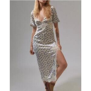 Urban Outfitters Lauren Lace Trim Cream Blue Floral Satin Dress